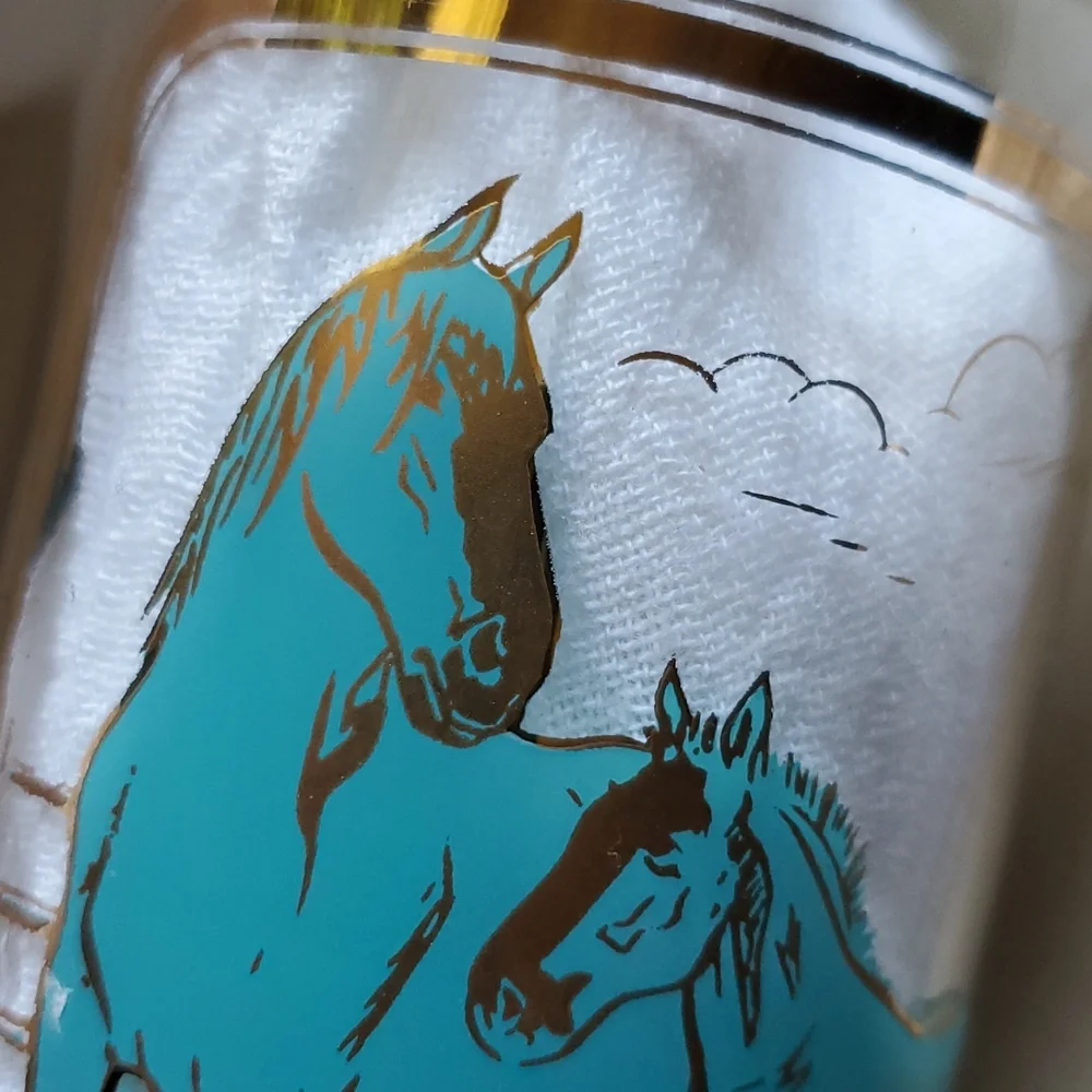 Vintage Busch Woodlands Clydesdale Horses Gold + Aqua Drinking Glass